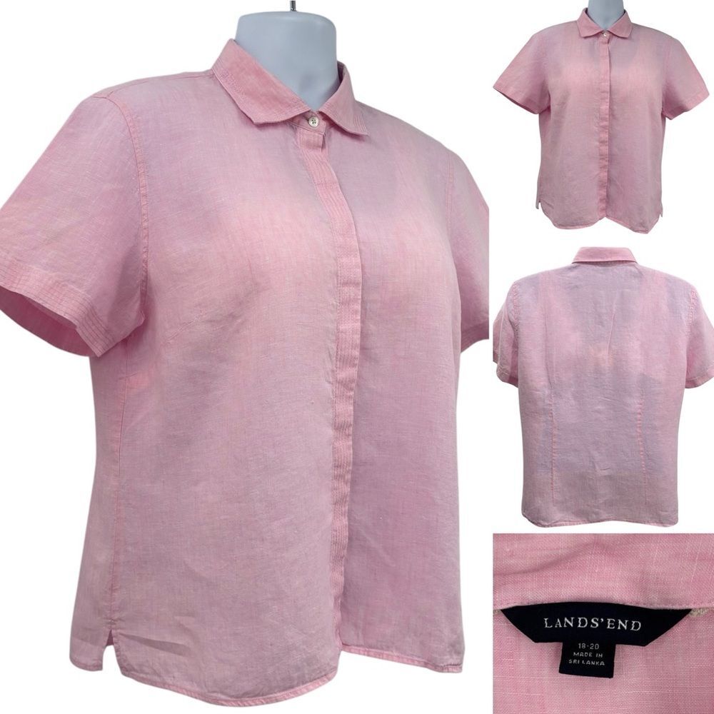 Land's End 100% Linen Short Sleeve Soft Pink Button Down Shirt Sz XL